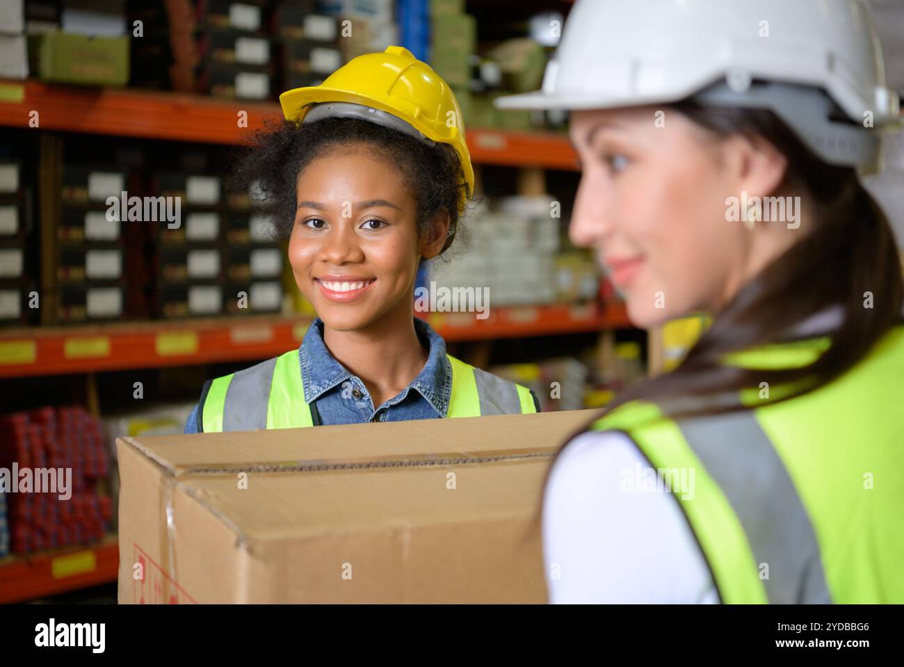 Due ragazze che lavorano nel magazzino si aiutano a vicenda a sollevare scatole pesanti per spostare lo stoccaggio. Foto Stock