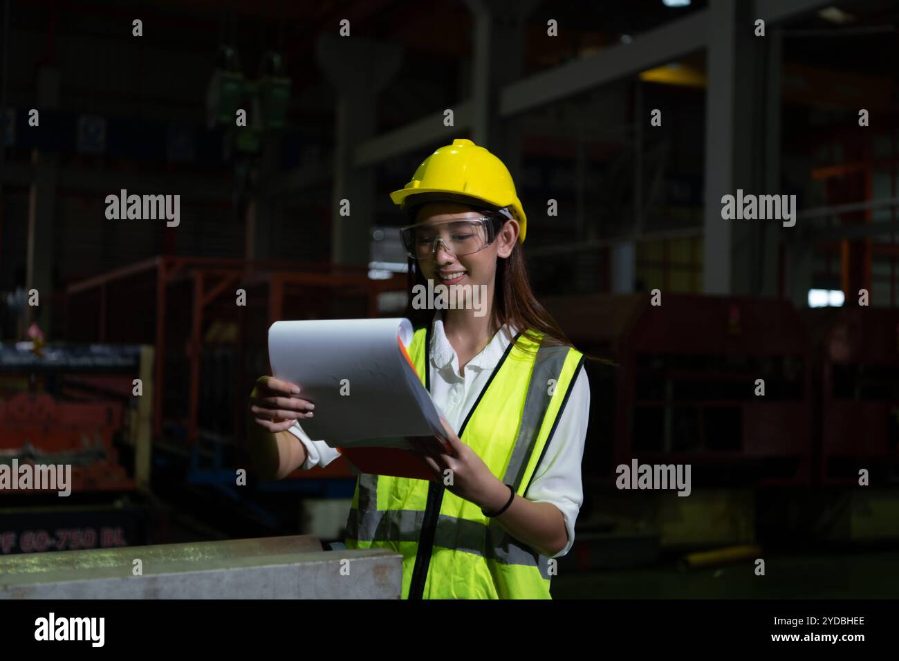 La manager donna lavora nel campo dell'audit. Lavora per controllare la qualità del lavoro negli impianti industriali pesanti Foto Stock