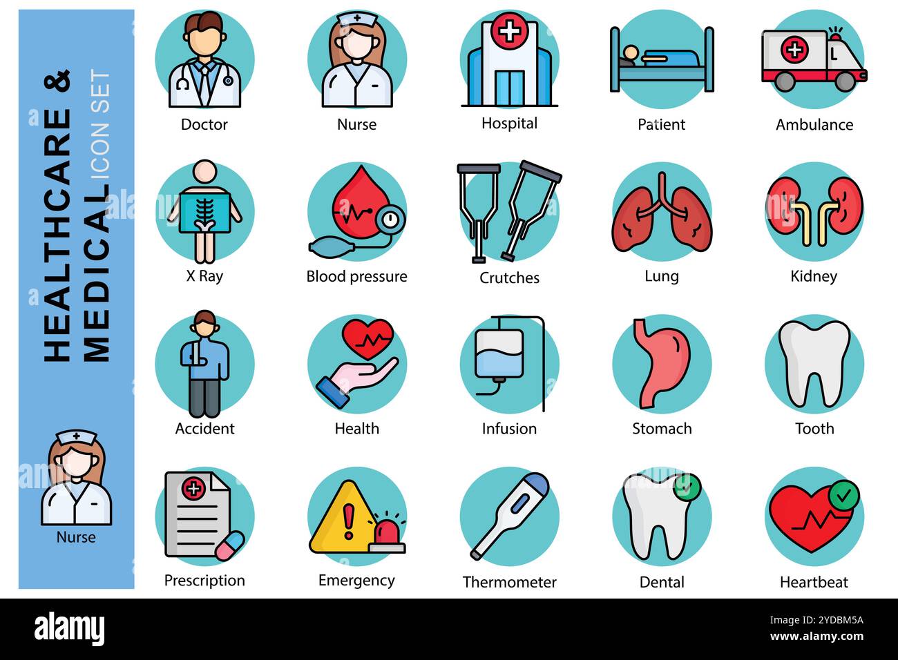 Set di icone mediche. medico, infermiera, ospedale e molto altro ancora. stile icona contorno colorato. icona relativa all'assistenza sanitaria. illustrazione vettoriale degli elementi medici Illustrazione Vettoriale