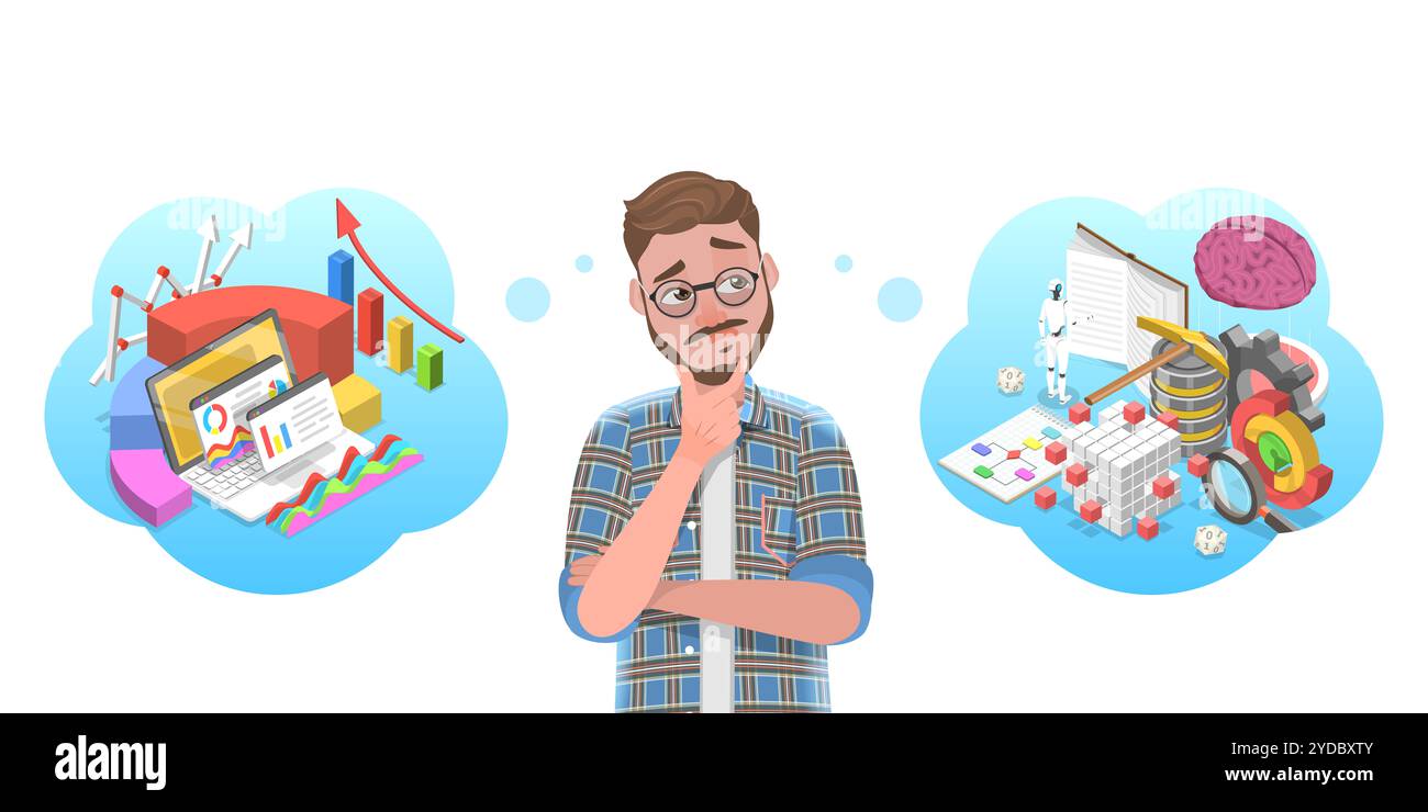 Illustrazione concettuale piatta isometrica 3D della scienza dei dati e del confronto dell'analisi dei dati. Illustrazione concettuale piatta isometrica 3D. Foto Stock