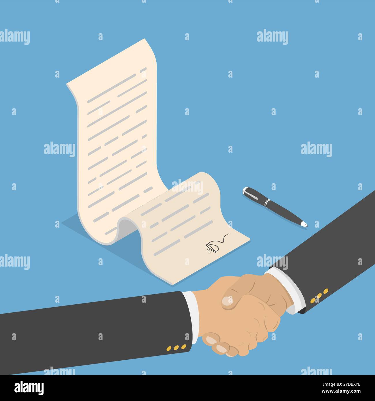 Concetto isometrico piatto di accordo, stretta di mano, firma del contratto. Concetto isometrico piatto di accordo, stretta di mano, contratto sig Foto Stock