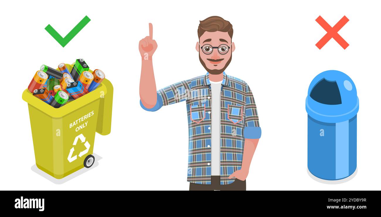 Man con il dito rivolto verso l'alto sta sottolineando l'importanza di smaltire le batterie usate nei punti di riciclaggio speciali. Isometr. 3D Foto Stock