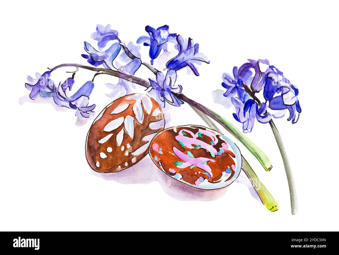 Acquerello, fiori di Giacinto pasquale e due uova isolate su sfondo bianco Foto Stock