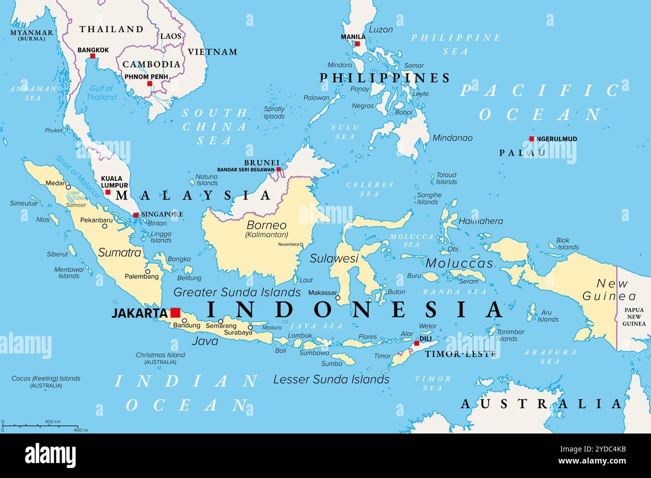 Indonesia, un paese nel sud-est asiatico e Oceania, mappa politica. Repubblica e arcipelago con capitale Jakarta. Foto Stock