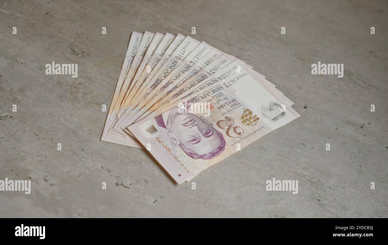 Le banconote di Singapore si diffondono su una superficie in cemento, evidenziando i dettagli e il taglio in valuta. Foto Stock