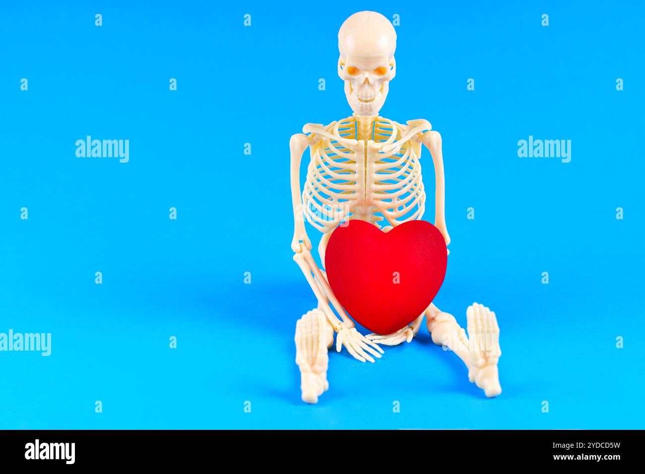 Figura scheletrica con cuore rosso acceso su sfondo blu, ideale per temi di salute o san valentino. Foto Stock