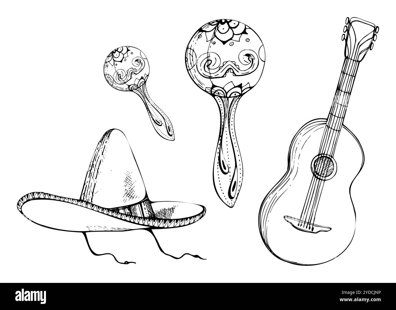 Simboli messicani cappello sombrero, chitarra acustica maracas strumenti musicali mariachi, decorazioni floreali. Vettore di inchiostro disegnato a mano isolato Illustrazione Vettoriale