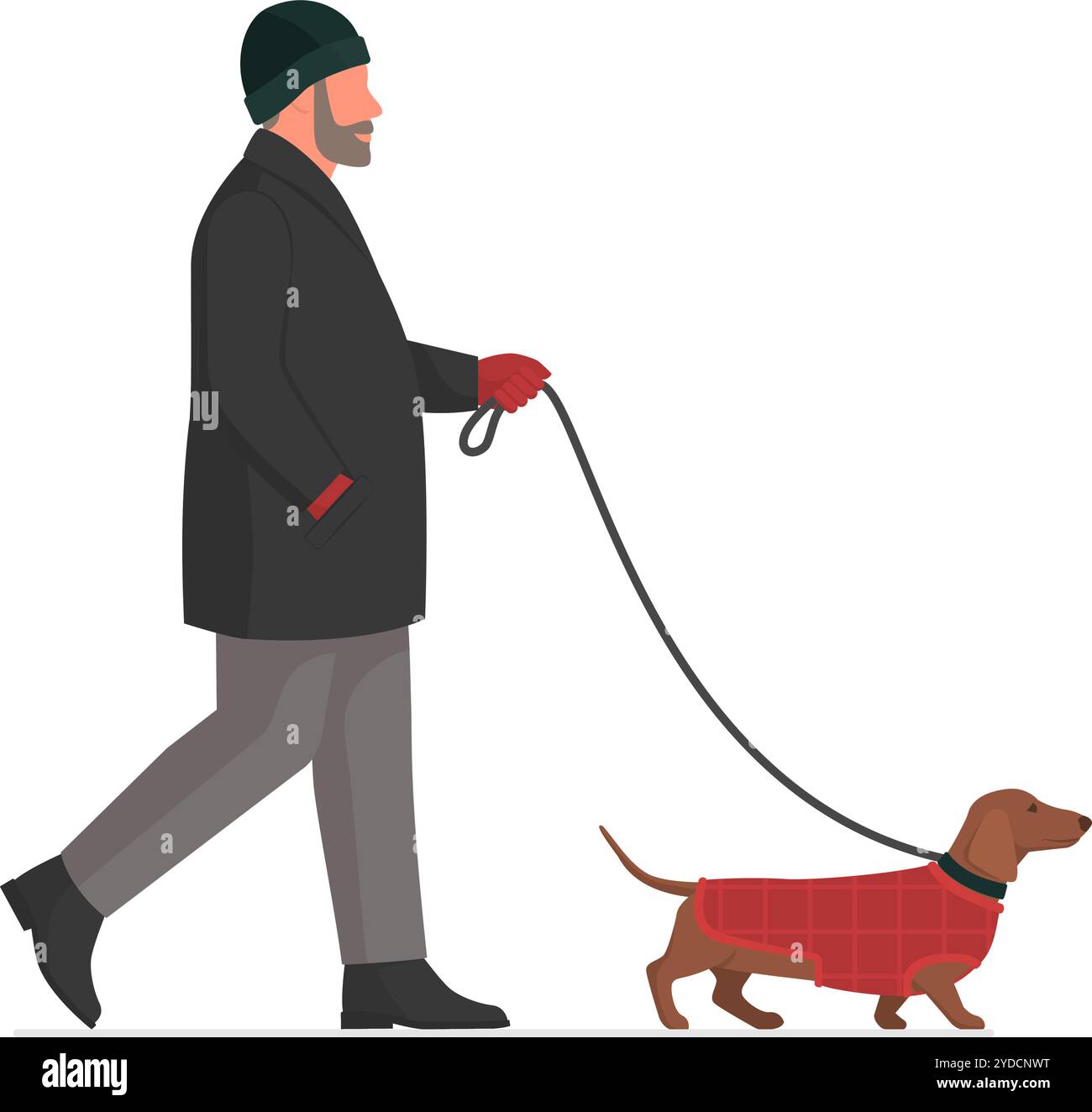 Uomo anziano che cammina il cane in inverno, animali domestici e concetto di stile di vita, isolato Illustrazione Vettoriale