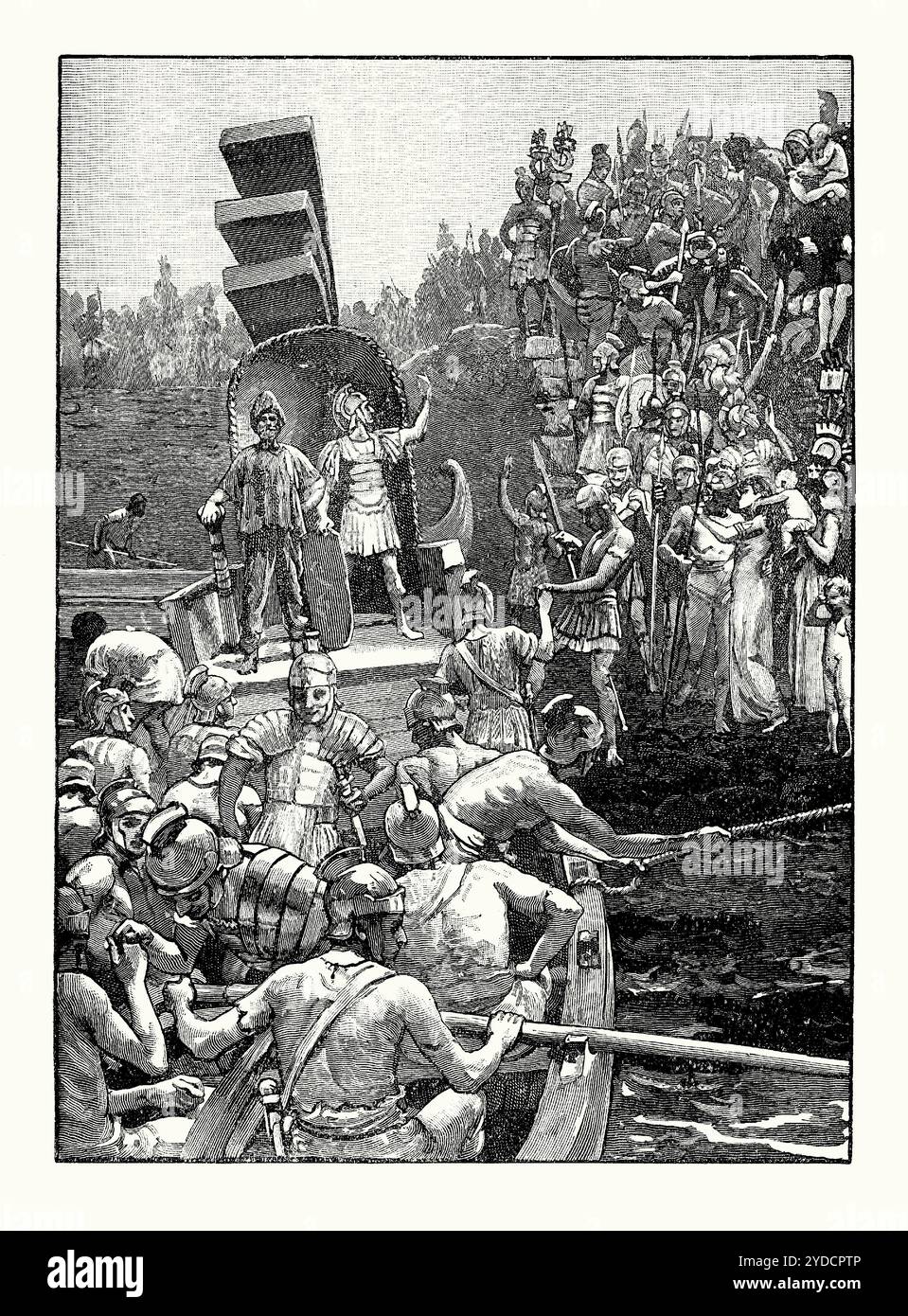 Una vecchia incisione di truppe romane che lasciarono la Gran Bretagna nel 407 d.C. È tratto da un libro di storia vittoriana del 1900 circa. La fine del dominio romano in Britannia avvenne quando le forze militari della Britannia romana si ritirarono per difendere o conquistare il nucleo continentale dell'Impero occidentale, lasciando alle spalle una Britannia post-romana autonoma. Nel 383, l'usurpatore Magno massimo ritirò le truppe dalla Gran Bretagna settentrionale e occidentale, lasciando probabilmente al comando i signori della guerra locali. Nel 407, Costantino III portò i restanti soldati romani mobili in Gallia. Gli ufficiali romani rimasti in Gran Bretagna furono deposti intorno al 410. Foto Stock