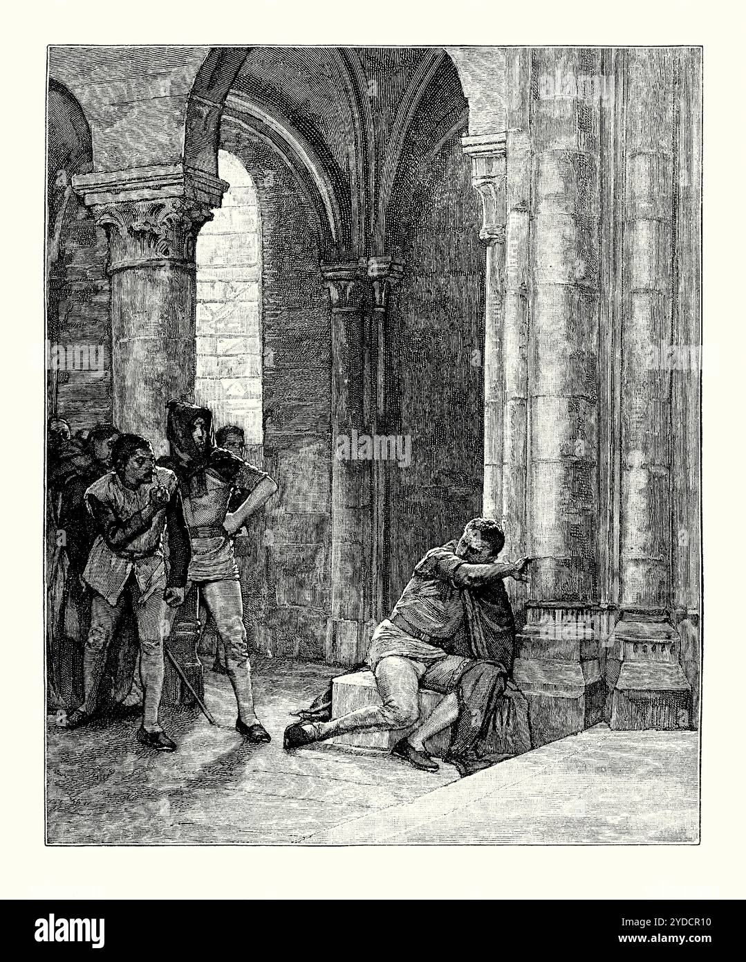 Un'antica incisione di un uomo che prende rifugio in una chiesa, Inghilterra, Regno Unito, in epoca medievale. È tratto da un libro di storia vittoriana del 1900 circa. Un santuario, nel suo significato originale, è un luogo sacro, come un santuario. Questi posti sono un rifugio, un luogo di sicurezza contro i nemici. Il Santuario sembra essere una nozione universale, che appare in quasi tutte le principali tradizioni religiose e in una varietà di luoghi diversi. Le «città di rifugio» sono descritte nell’Antico Testamento della Bibbia. L'idea beduina di nazaala («presa di rifugio») si è manifestata in Medio Oriente e nell'Africa settentrionale. Foto Stock