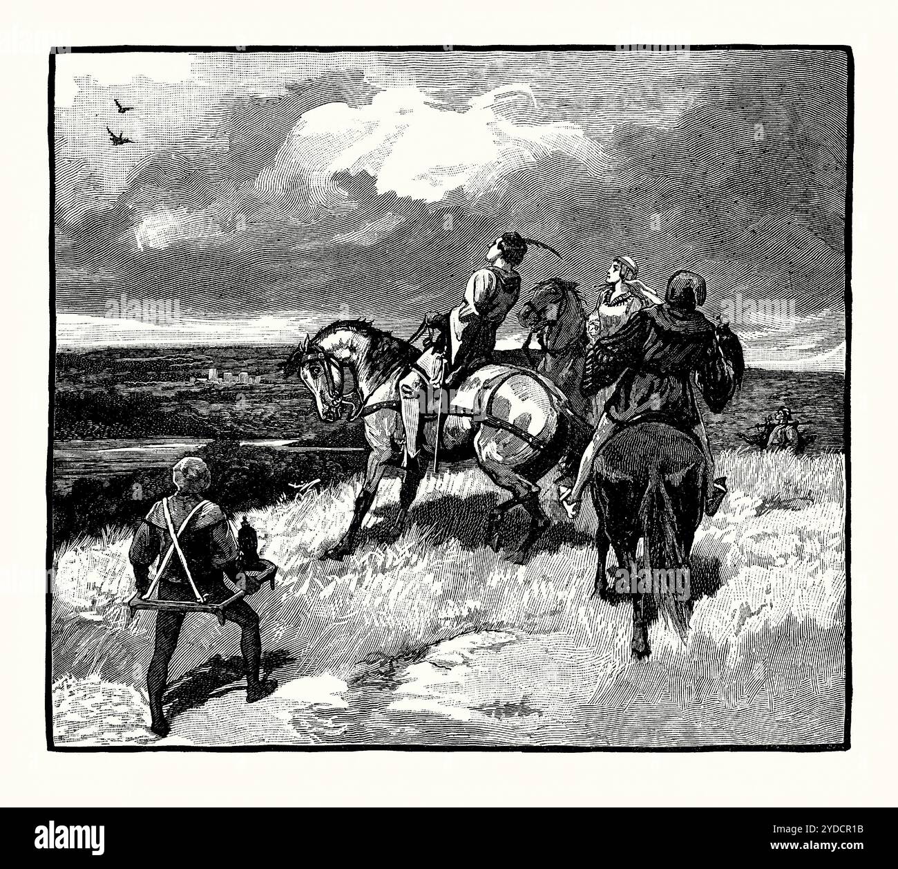 Un'antica incisione degli uomini a cavallo fuori 'hawking' (falconeria), Inghilterra, Regno Unito in epoca medievale. È tratto da un libro di storia vittoriana del 1900 circa. Qui il falconer (a sinistra) porta un falco incappucciato su un telaio di legno. Lo sport di hawking, gamehawking o falconeria, era una delle loro forme preferite di caccia per le classi superiori, la nobiltà e la regalità nel Medioevo. La falconeria è la caccia di animali selvatici nel loro stato naturale e habitat per mezzo di un uccello preda addestrato. Piccoli animali come scoiattoli e conigli spesso cadono preda di questi uccelli. Un «falconer» vola un falco. Foto Stock