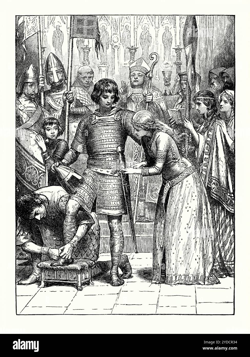Un'antica incisione di un giovane che si sta preparando per la cavalleria, Inghilterra, Regno Unito in epoca medievale. È tratto da un libro di storia vittoriana del 1900 circa. In una chiesa, è circondato da aiutanti che lo preparano per la cerimonia. Un cavaliere è una persona a cui è stato concesso un titolo onorifico di cavaliere per il servizio al monarca, alla chiesa o al paese, specialmente in veste militare. È associato alla cavalleria, un codice di condotta per un guerriero cristiano. Il cavaliere nel Medioevo era strettamente legato all'equitazione (e soprattutto alla giostra). Foto Stock
