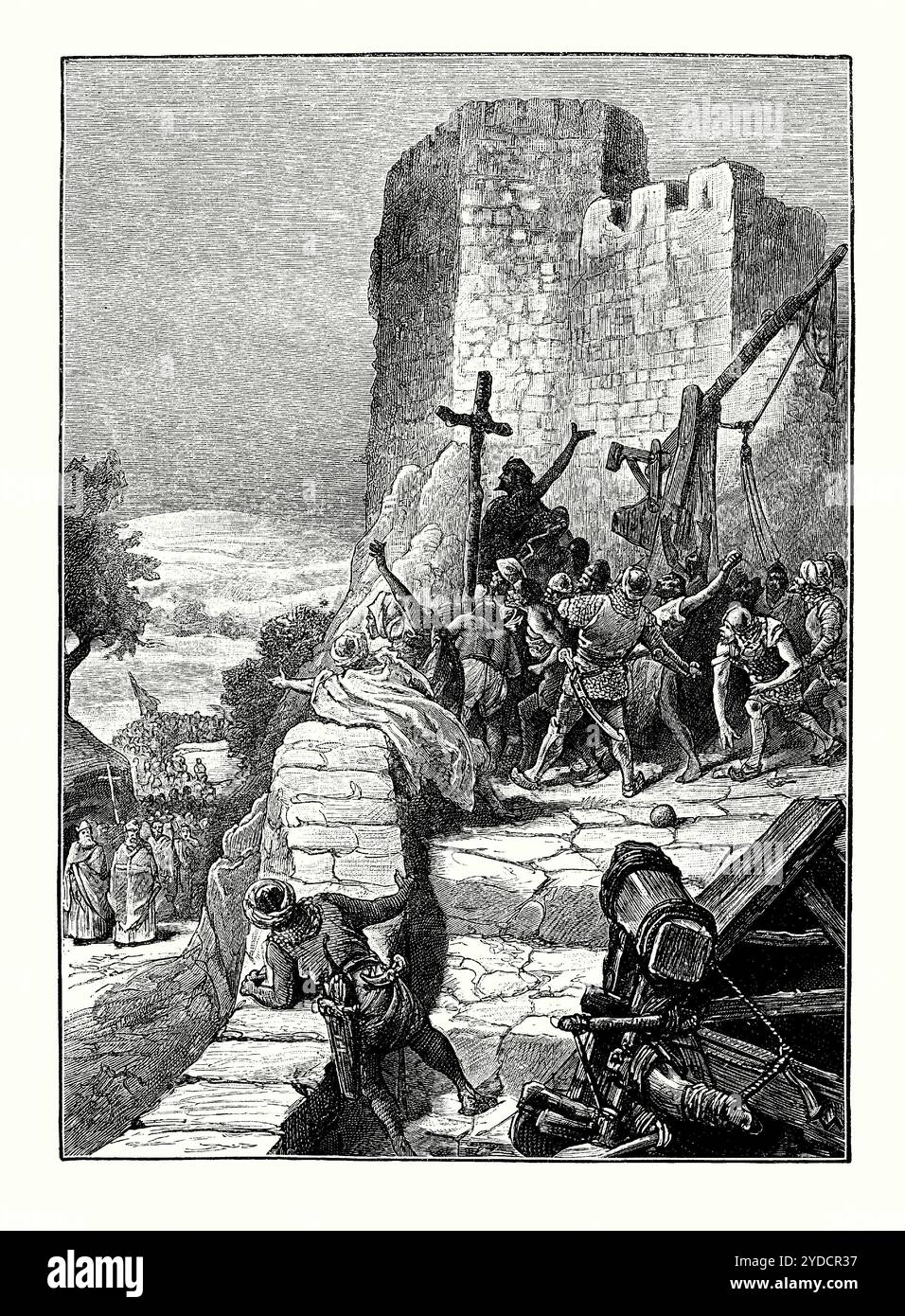Una vecchia incisione dell'assedio di Gerusalemme da parte dei crociati europei nel 1099. È tratto da un libro di storia vittoriana del 1900 circa. L'assedio di Gerusalemme segnò la fine della prima crociata, il cui obiettivo era il recupero della città di Gerusalemme e della Chiesa del Santo Sepolcro dal controllo islamico. L'assedio di cinque settimane iniziò il 7 giugno 1099 e fu portato avanti dalle forze cristiane dell'Europa occidentale mobilitate da papa Urbano II dopo il Concilio di Clermont nel 1095. Foto Stock