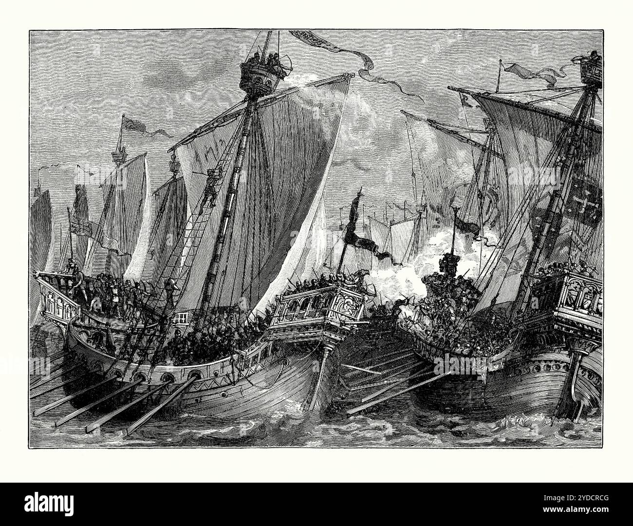 Una vecchia incisione della Battaglia di Sandwich, Manica, Inghilterra, Regno Unito nel 1217. È tratto da un libro di storia vittoriana del 1900 circa. La battaglia di Sandwich, o battaglia di dover, ebbe luogo il 24 agosto 1217 come parte della prima guerra dei baroni. Una flotta inglese di Plantagenet comandata da Hubert de Burgh attaccò una flotta francese capetina guidata da Eustachio il monaco e Roberto di Courtenay al largo della costa del Kent. La nave di Eustace fu sequestrata e Robert e i suoi cavalieri furono fatti prigionieri. La battaglia convinse il principe Luigi ad abbandonare i suoi sforzi per conquistare l'Inghilterra e il trattato di Lambeth fu firmato poche settimane dopo. Foto Stock