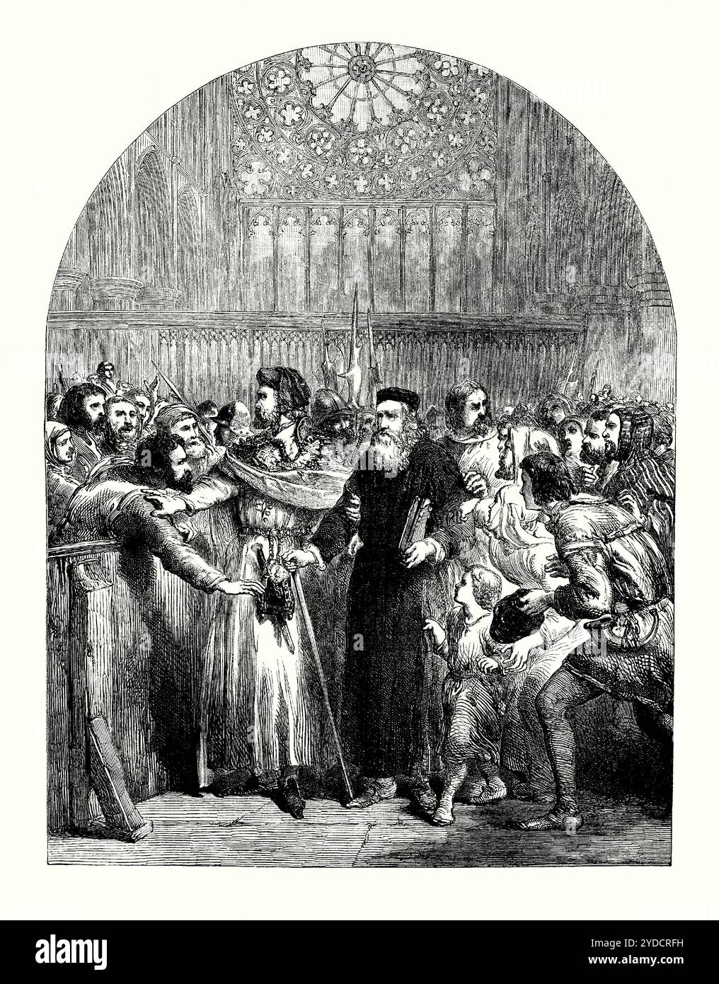 Una vecchia incisione del John Wycliffe nella Cattedrale di St Paul, Londra, Inghilterra, nel 1377. È tratto da un libro di storia vittoriana del 1900 circa. John Wycliffe (o Wickliffe c.1328-1384) all'età di 16 anni andò a Oxford per studiare, diventando un prete cattolico. Wycliffe aveva scritto un opuscolo contro i pagamenti al Papa. I vescovi convocarono Wycliffe per apparire a St Paul, che fu difeso dal figlio dei re, Giovanni di Gaunt. Il riformatore Wycliffe era popolare tra la gente comune. Aiutò a tradurre la Bibbia in inglese vernacolare - prima che ci fosse la stampa, doveva essere scritta a mano. Foto Stock