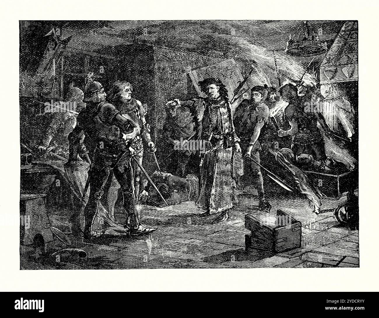Una vecchia incisione dei cospiratori dell'Epifania, catturati a Cirencester, Gloucestershire, Inghilterra, nel 1400. È tratto da un libro di storia vittoriana del 1900 circa. La rivolta dell'Epifania fu una ribellione fallita contro il re Enrico IV d'Inghilterra all'inizio del 1400. I cospiratori includevano John Montagu, John Holland, Thomas Holland e Thomas le Despenser. Hanno complottato per catturare il re. Tuttavia, Edoardo di Norwich tradì i cospiratori che fuggirono ad ovest. Mentre tentava di impadronirsi di Cirencester, Ralph Lumley, conte di Lumley, fu decapitato in una breve ma violenta schermaglia. Salisbury e Kent furono catturati. Foto Stock