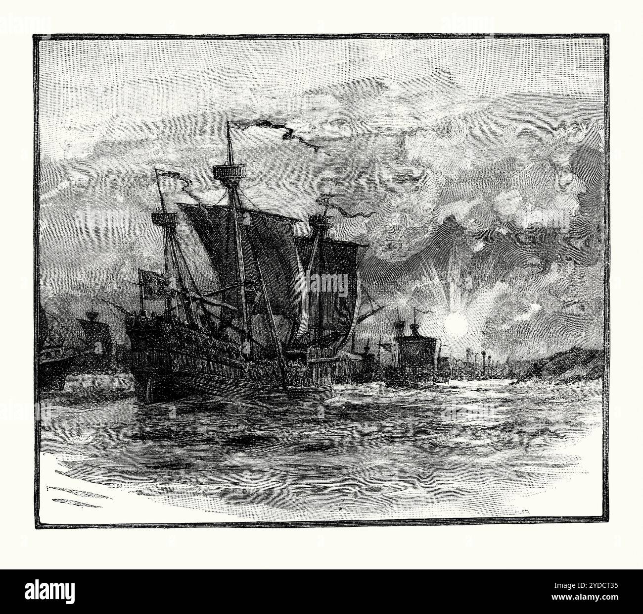 Una vecchia incisione della flotta francese a Milford Haven, Dyfed, Pembrokeshire, Galles, Regno Unito nel 1405. È tratto da un libro di storia vittoriana del 1900 circa. Il maresciallo francese, Jean II de Rieux sbarcò qui per ordine del re francese Carlo vi con le truppe francesi per rinforzare la rivolta del principe gallese Owain Glyndwr contro Enrico IV. Era una comoda base da cui l'Inghilterra poteva essere invasa attraverso il Galles. I francesi sbarcarono in forza avendo lasciato Brest nel luglio di quell'anno con più di 2.800 cavalieri e uomini d'armi. Foto Stock