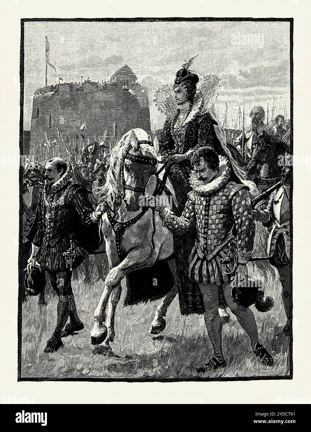 Una vecchia incisione della regina Elisabetta i con le sue truppe a Tilbury, Essex, Inghilterra, nel 1588. È tratto da un libro di storia vittoriana del 1900 circa. Il discorso alle truppe di Tilbury fu pronunciato il 9 agosto dalla regina alle forze di terra riunite lì in preparazione per respingere la prevista invasione da parte dell'Armada spagnola. Il giorno del discorso, la regina lasciò la sua guardia del corpo prima di Tilbury Fort e si recò tra i suoi sudditi con una scorta di sei uomini. Foto Stock
