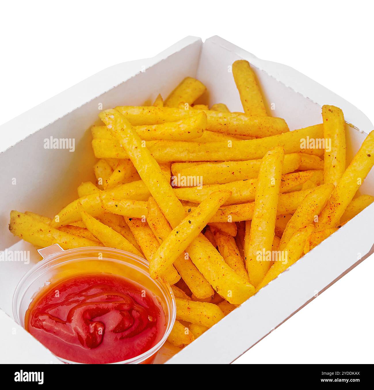 Patatine fritte con ketchup in scatola da asporto Foto Stock