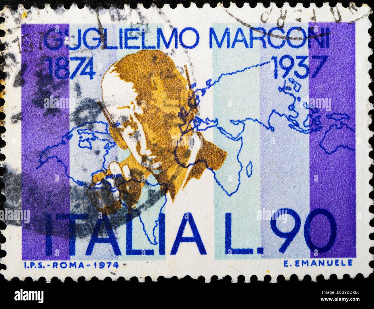 Ritratto di Guglielmo Marconi - Centenario della nascita di Guglielmo Marconi 1974 - francobollo italiano Foto Stock