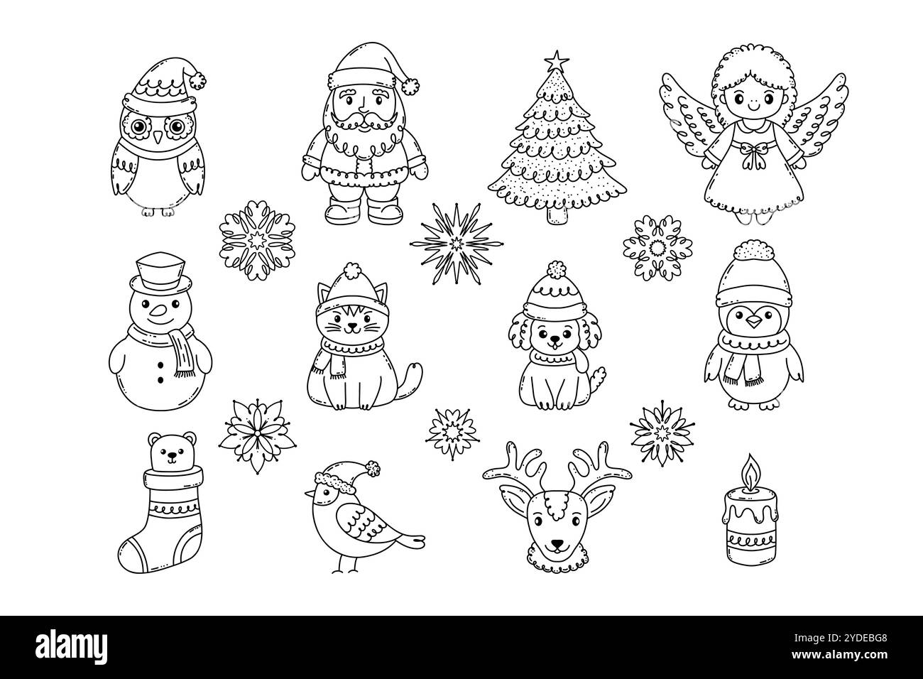 Set di personaggi per festeggiare il Natale in un semplice stile doodle. Illustrazione Vettoriale