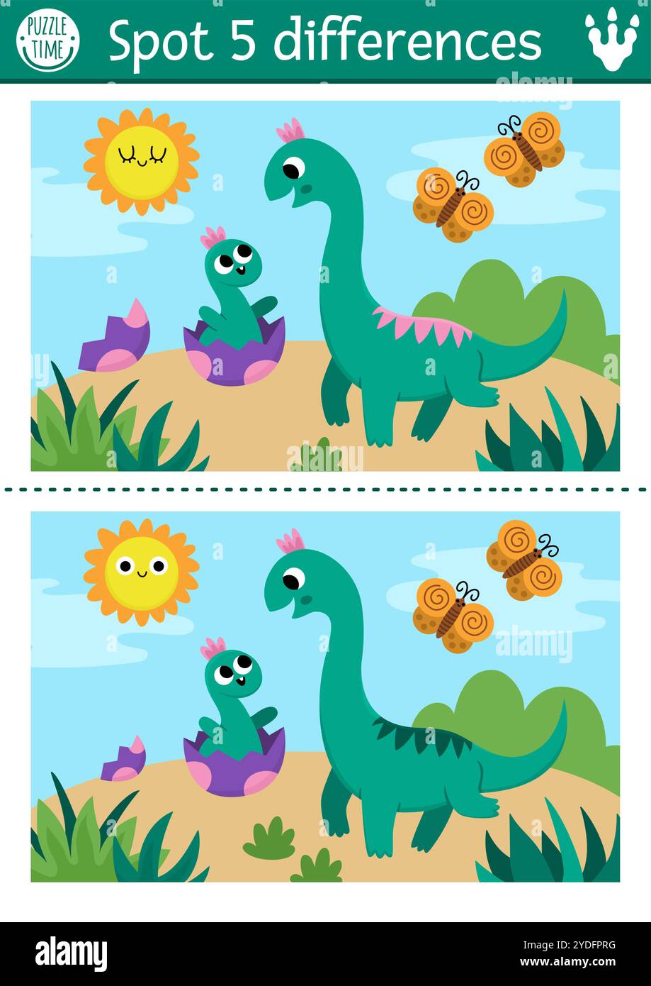 Trova il gioco delle differenze per i bambini. Attività didattica sui dinosauri con brachiosaurus, il suo bambino schiumoso e il paesaggio preistorico. Puzzle per bambini Illustrazione Vettoriale