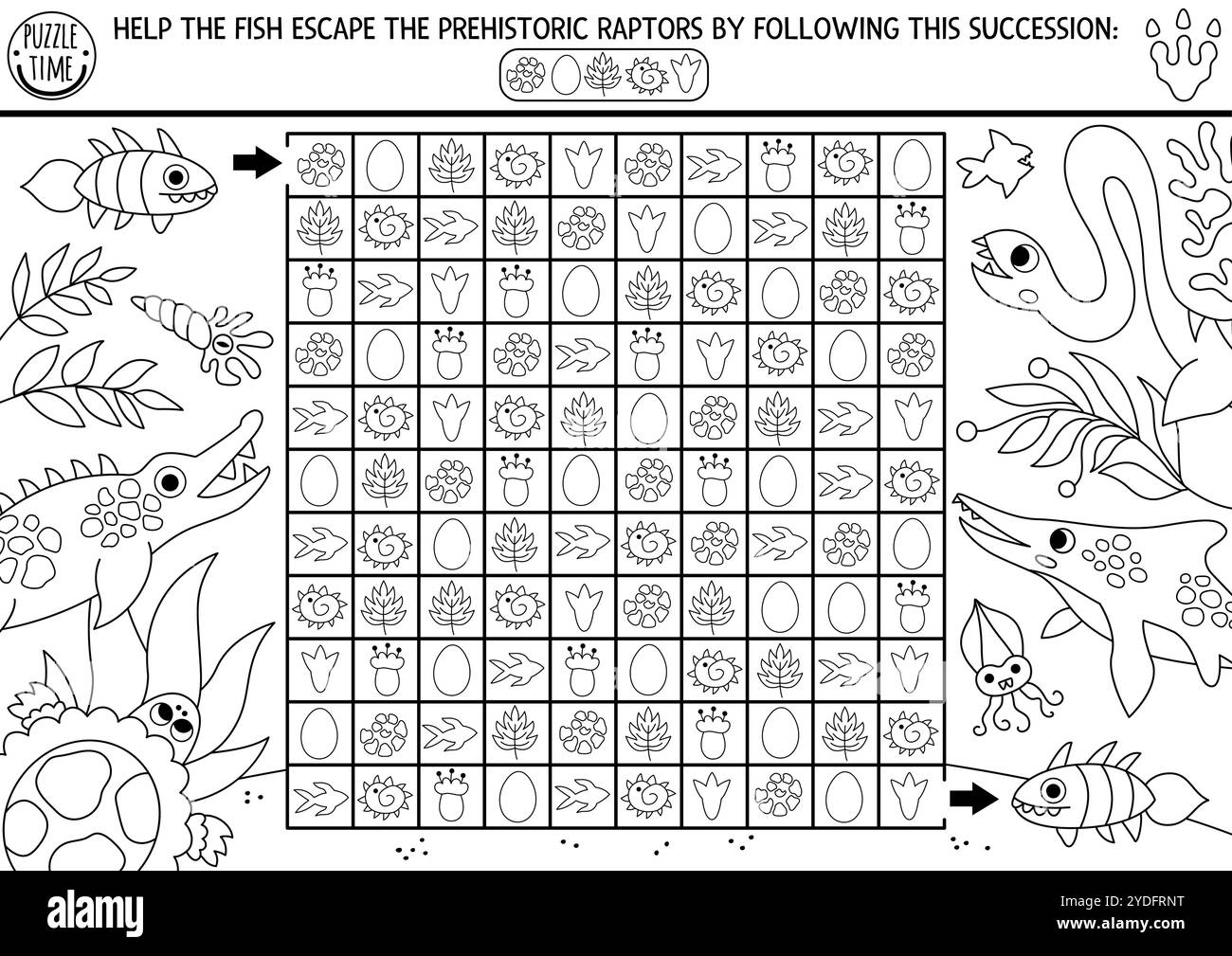 Dinosauro marino labirinto bianco e nero con uova e foglie. Attività stampabile preistorica, pagina da colorare. per i bambini. Riga logica che cerca puzzle con s. Illustrazione Vettoriale