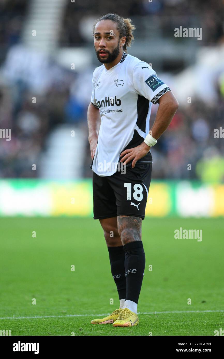 Marcuss Harness di Derby County durante la partita del Campionato Sky Bet tra Derby County e Hull City al Pride Park di Derby sabato 26 ottobre 2024. (Foto: Jon Hobley | mi News) crediti: MI News & Sport /Alamy Live News Foto Stock