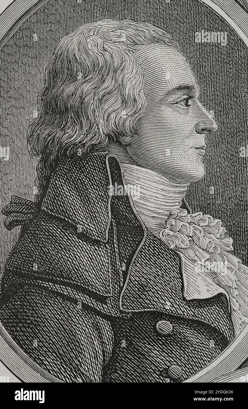 Claude Basire (1764-1794). Politico francese. Eletto deputato per il Côte d'Or all'Assemblea legislativa (dal 3 settembre 1791 al 20 settembre 1792). Membro della Convenzione Nazionale (dal 4 settembre 1792 al 5 aprile 1794), si unì a la Montagne (la montagna), opponendosi al rinvio del processo a Luigi XVI e votando a favore della sua esecuzione. Fu accusato di aver partecipato alla falsificazione di un decreto relativo alla liquidazione della compagnia francese delle Indie Orientali. Il Tribunale rivoluzionario lo condannò a morte e fu ghigliottinato. Verticale. Incisione. Storia del padre Foto Stock