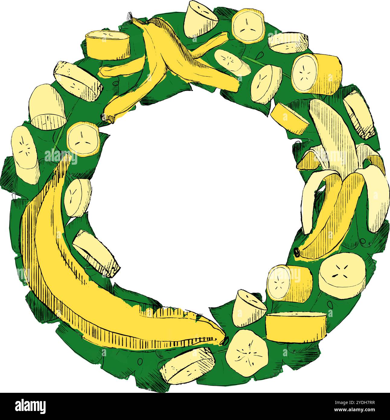 cornice a banana per l'estate, spiaggia rotonda per feste, modello grafico vettoriale Illustrazione Vettoriale