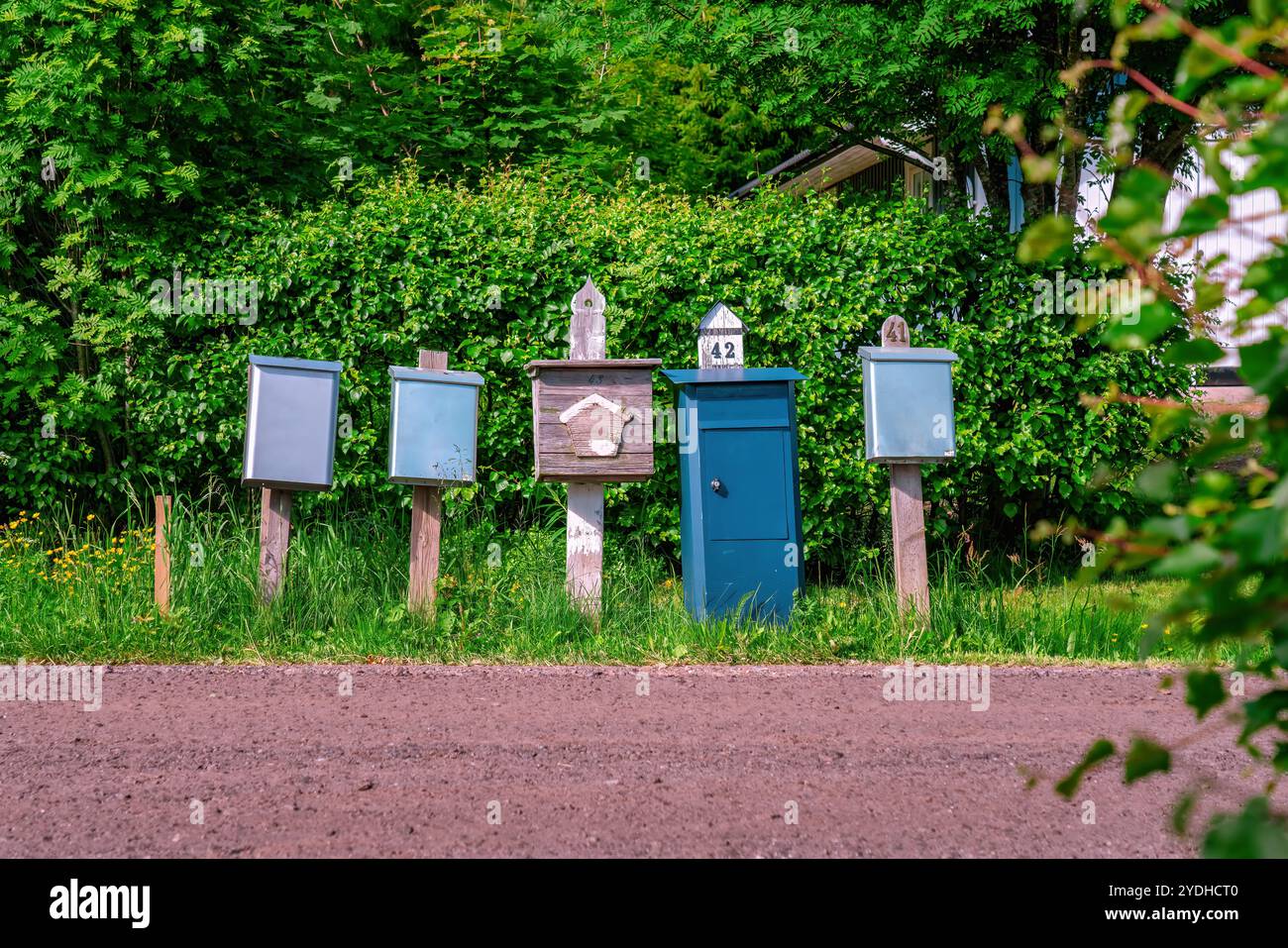 Tranquilla strada di campagna fiancheggiata da incantevoli cassette postali, in attesa di lettere, circondata da lussureggianti prati verdi. Il fascino vintage incontra i comfort moderni Foto Stock