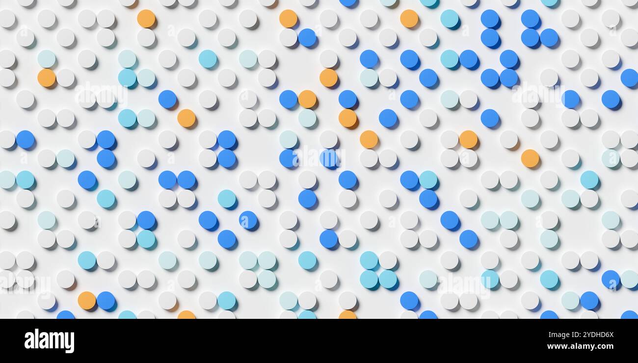 Griglia di puntini blu e arancioni su sfondo bianco, informazioni astratte sull'azienda o sui dati, vista dall'alto in piano, illustrazione 3D. Foto Stock
