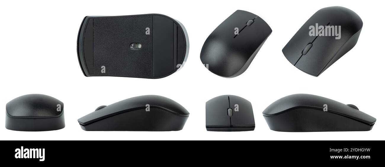 Mouse per pc nero visualizzazione diversa isolata su sfondo bianco studio Foto Stock