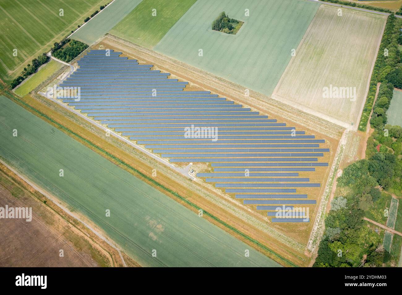 vista aerea dei pannelli solari in un campo Foto Stock