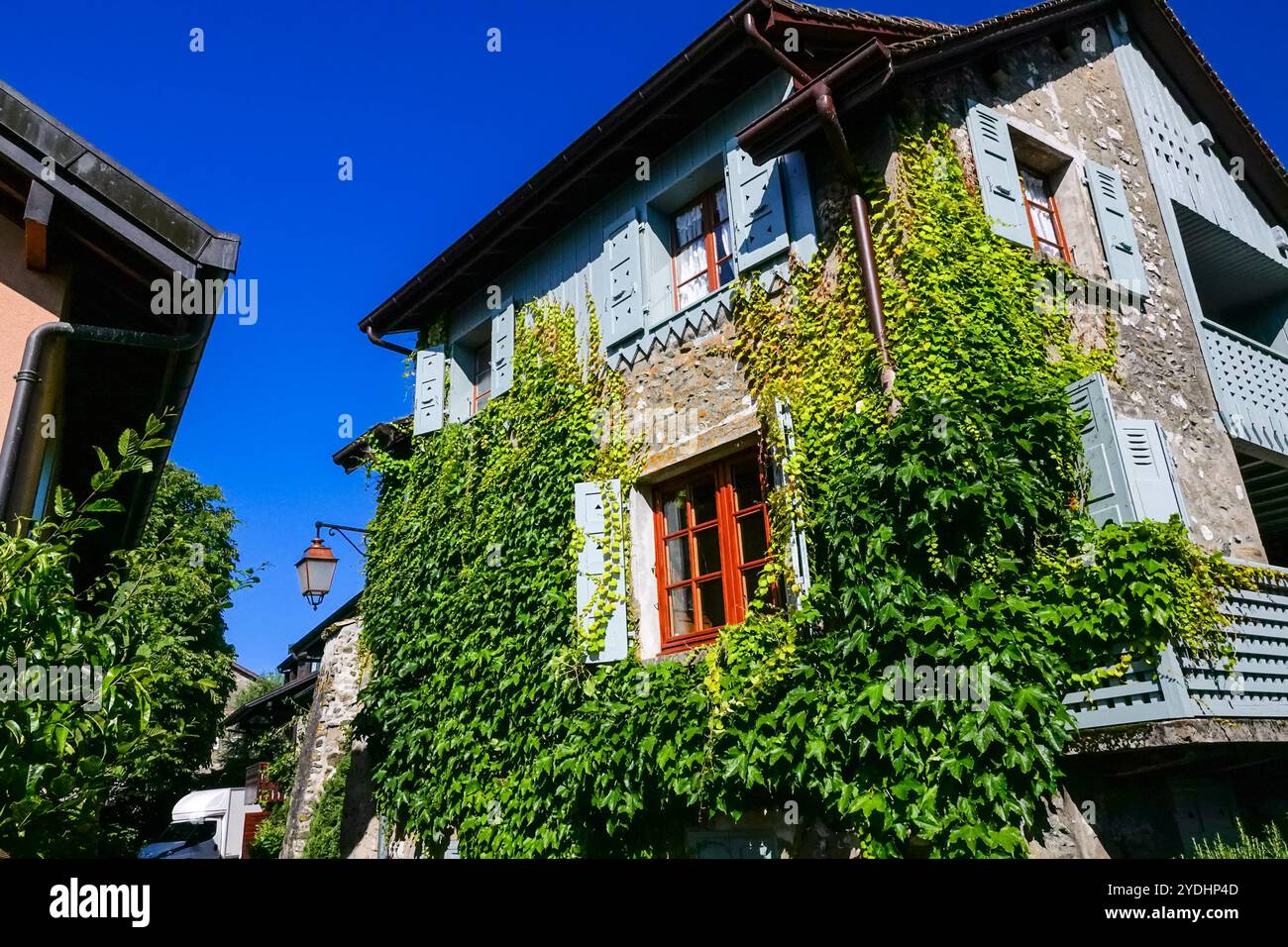 Case in pietra medievali ricoperte di edera lungo la riva francese del lago di Ginevra nel piccolo villaggio di Nernier, alta Savoia, Francia. Foto Stock