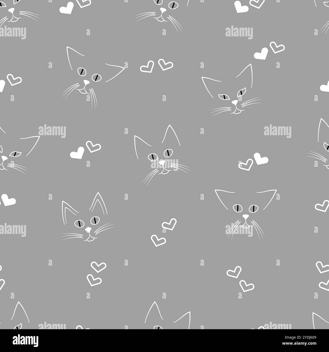 Volti e cuori Cat motivo monocromatico senza cuciture minimalista su sfondo grigio Illustrazione Vettoriale