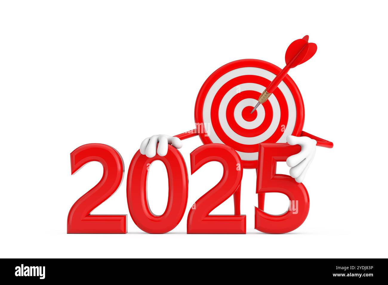 Tiro con l'arco e freccetta in Center Cartoon persona personaggio Mascotte con il cartello rosso di Capodanno 2025 su sfondo bianco. Rendering 3d. Foto Stock Tiro con l'arco e freccetta in Center Cartoon persona personaggio Mascotte con il cartello rosso di Capodanno 2025 su sfondo bianco. Rendering 3d. Foto Stock