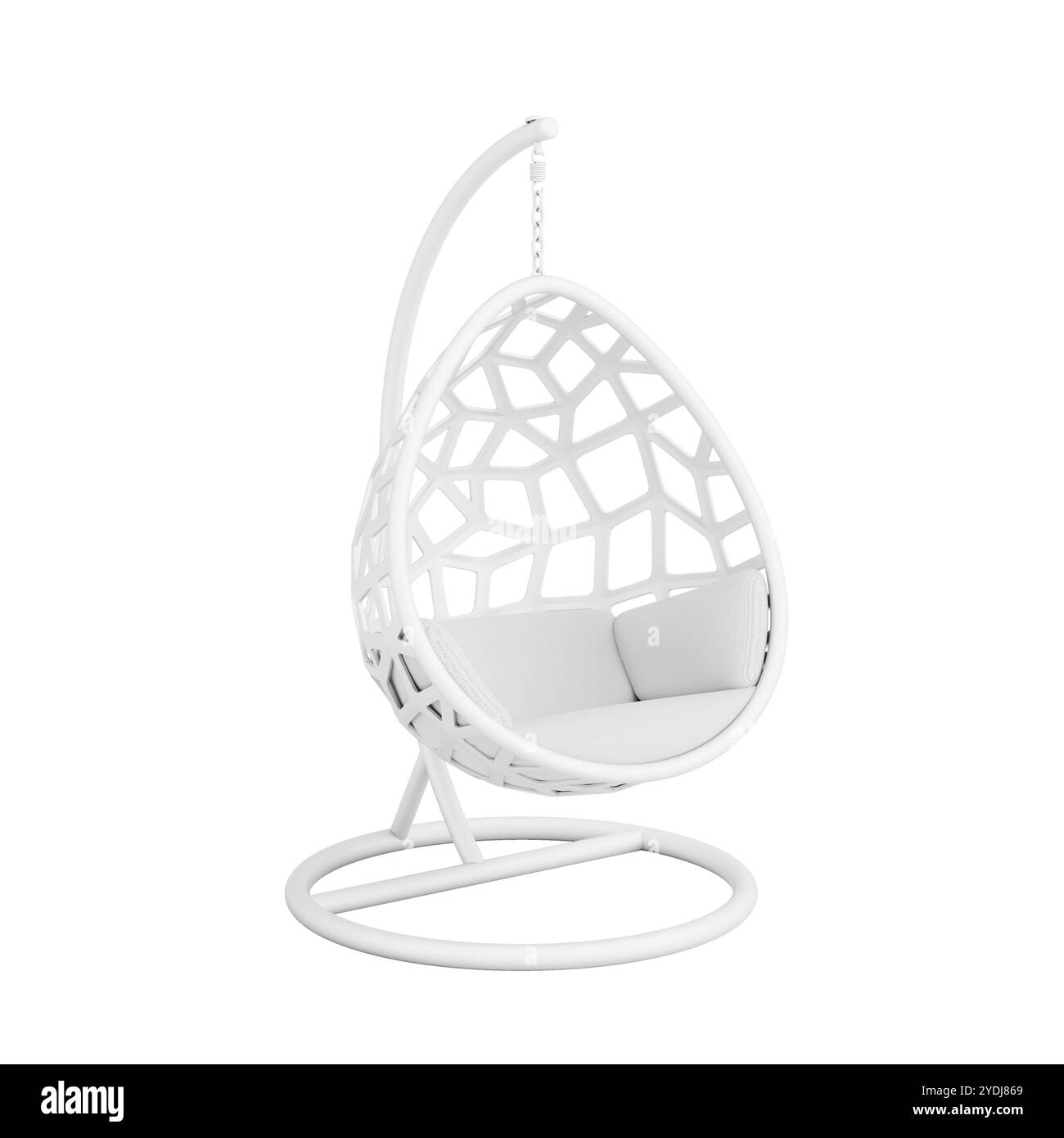 Moderna sedia sospesa bianca a forma di uovo con cornice e cuscino in stile argilla su sfondo bianco. Rendering 3d. Foto Stock