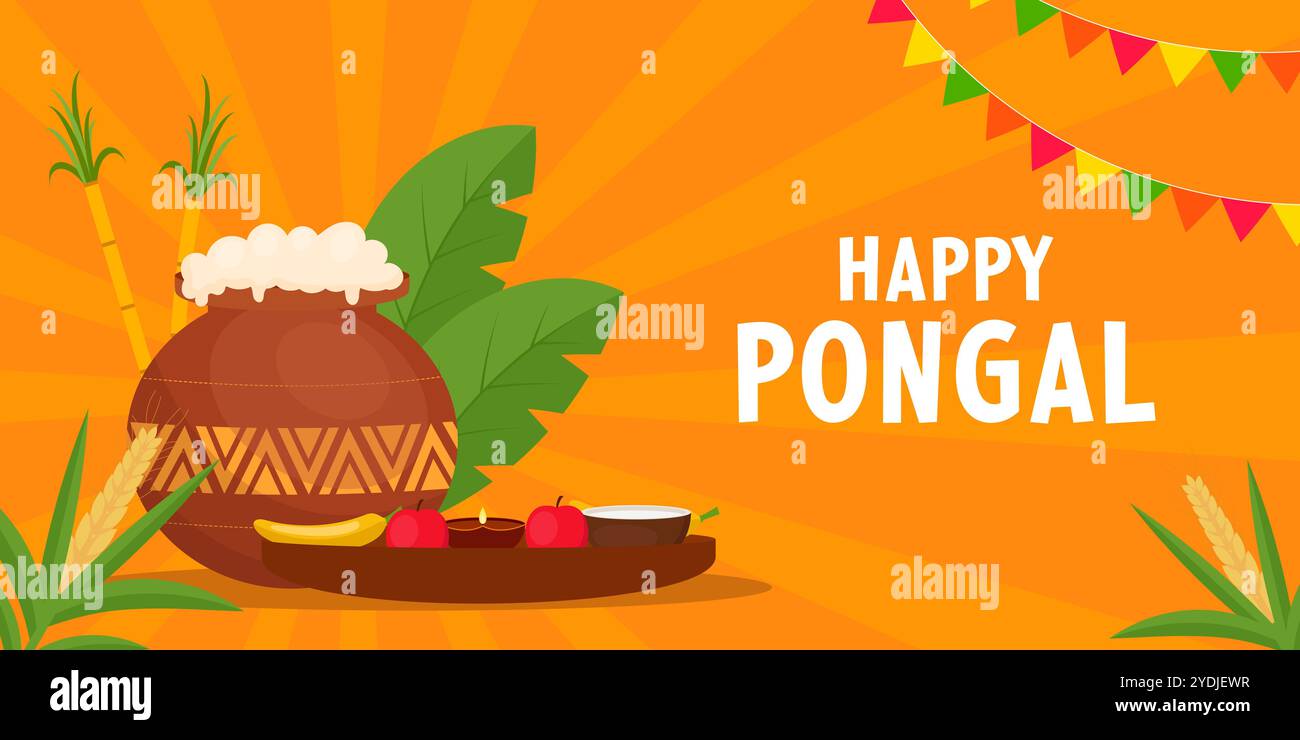 banner orizzontale con illustrazione del festival happy pongal dal design piatto Illustrazione Vettoriale