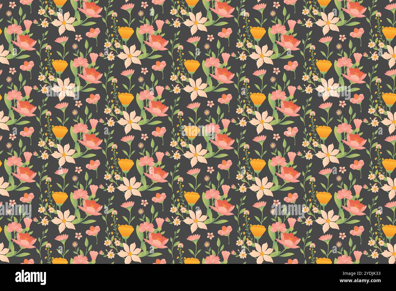 Un motivo ripetuto caratterizzato da fiori stilizzati in varie tonalità di rosa, bianco e arancione su sfondo scuro. Illustrazione Vettoriale