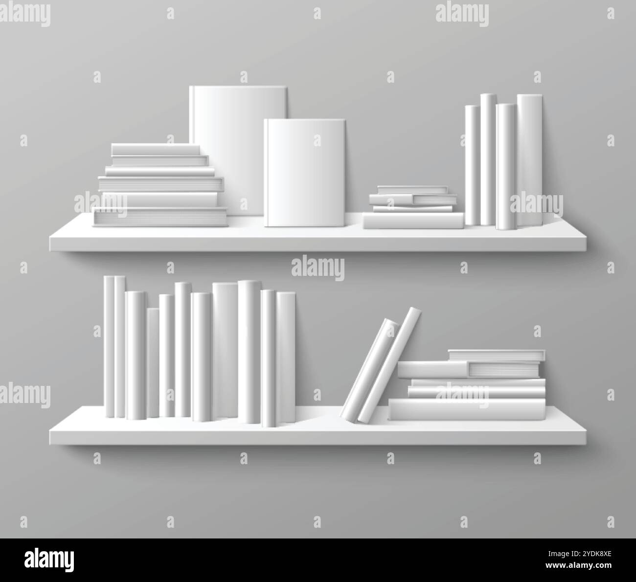 Colonna vertebrale e vista della copertina anteriore del libro sullo scaffale a parete. Illustrazione vettoriale 3d realistica di letteratura cartacea con copertina rigida in piedi e distesa su libreria Illustrazione Vettoriale