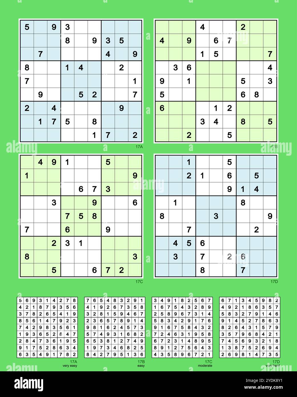 Sudoku Set n.17 MK II simmetria 180°. Molto facile -, facile, moderato, molto duro +. 30, 28, 27, 25 indizi. Valutazione avanzata basata su sei percorsi di risoluzione. Illustrazione Vettoriale