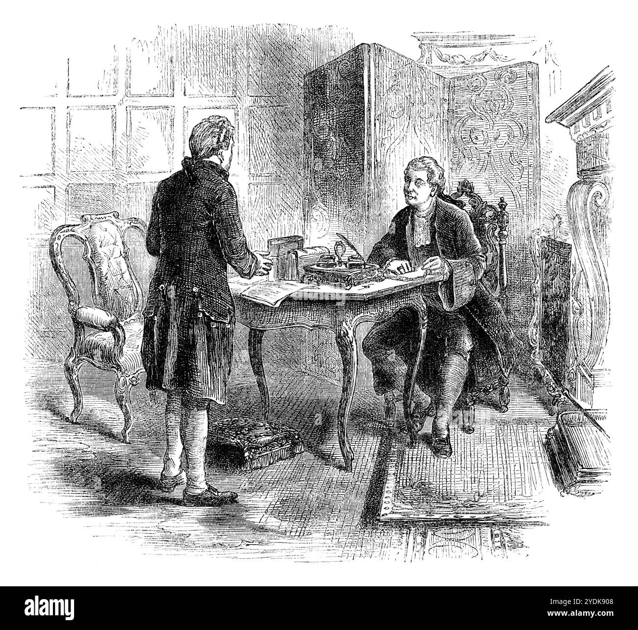 Incisione vintage di due signori in una stanza o in un ufficio, uno seduto a una scrivania, per illustrare la storia A Bright New Year at Bandybrook di Mrs. Prosser (Sophia Amelia Prosser). Dalla rivista annuale Sunday at Home, 1872. Foto Stock