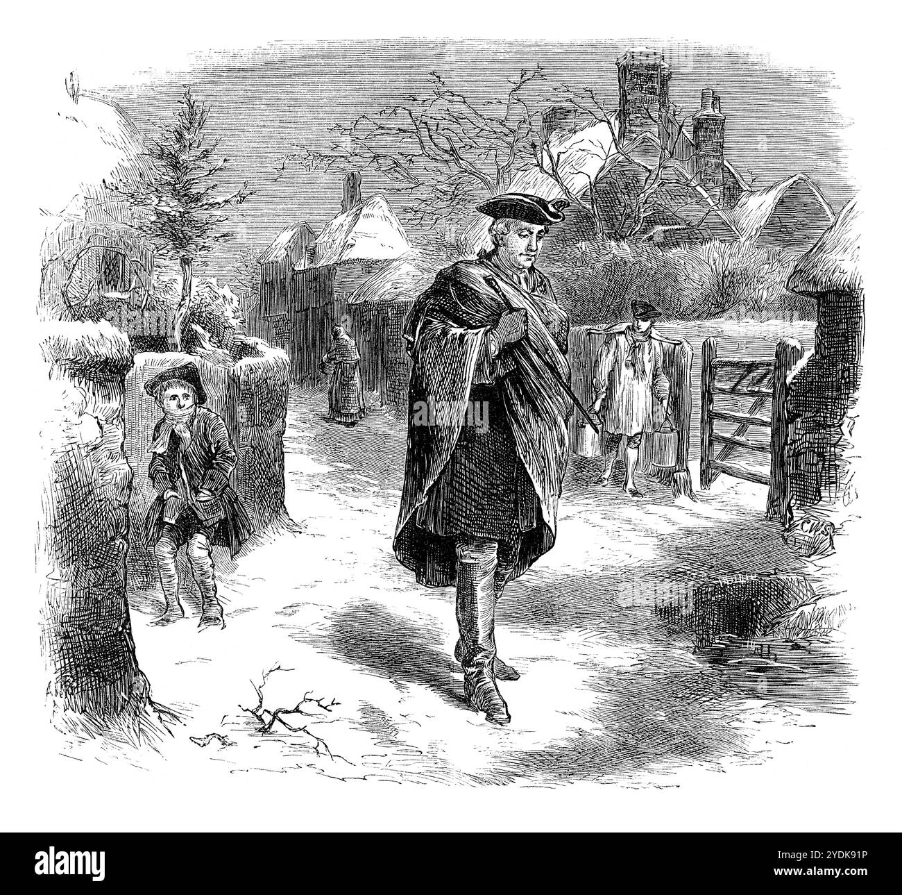 Incisione vintage di un gentiluomo che cammina in un villaggio di campagna per illustrare la storia A Bright New Year at Bandybrook di Mrs. Prosser (Sophia Amelia Prosser). Dalla rivista annuale Sunday at Home, 1872. Foto Stock Incisione vintage di un gentiluomo che cammina in un villaggio di campagna per illustrare la storia A Bright New Year at Bandybrook di Mrs. Prosser (Sophia Amelia Prosser). Dalla rivista annuale Sunday at Home, 1872. Foto Stock
