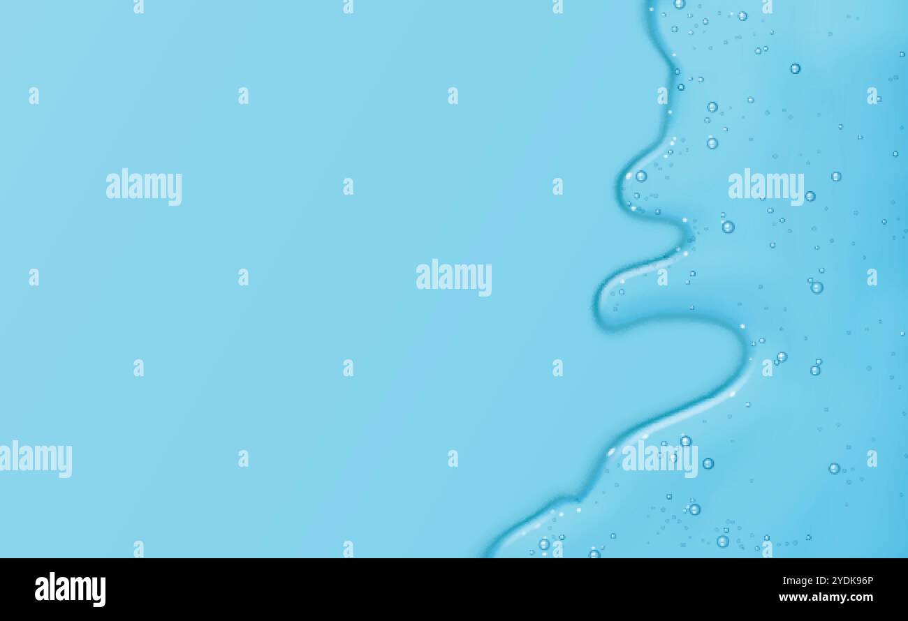 Flusso di gel sierico su sfondo blu. Illustrazione vettoriale realistica della consistenza della lozione liquida, elisir per la cura della pelle con bolle d'aria o d'olio, cosmetico per l'umidità Illustrazione Vettoriale