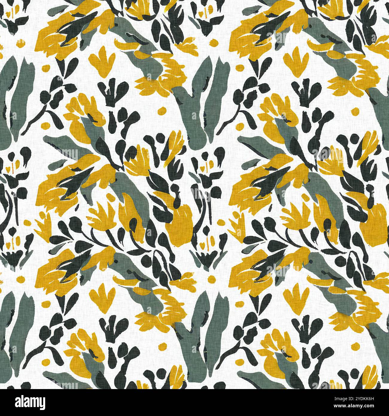 Moderno motivo blockprint in tessuto stampato con fiori selvatici e texture in lino. Motivi floreali boho scuri disegnati a mano stilizzati per elementi di design decorativi Foto Stock