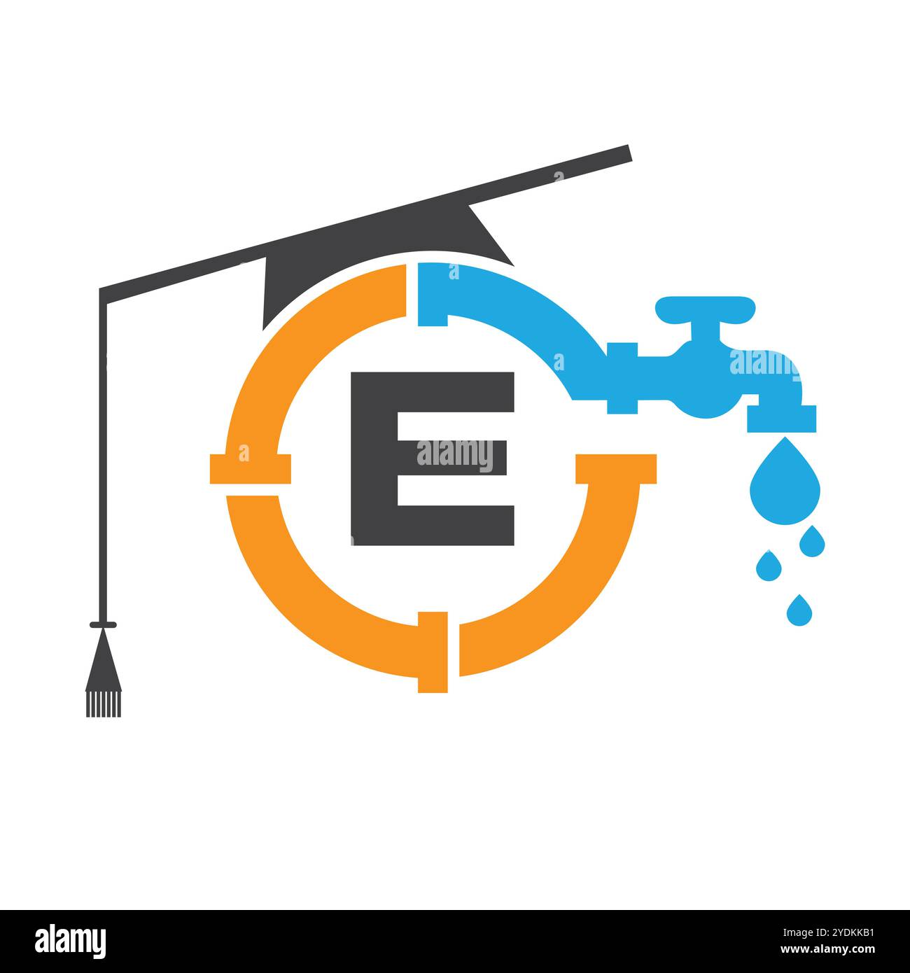 Logo Letter e idraulico Design modello vettoriale con icona tubo e acqua Illustrazione Vettoriale