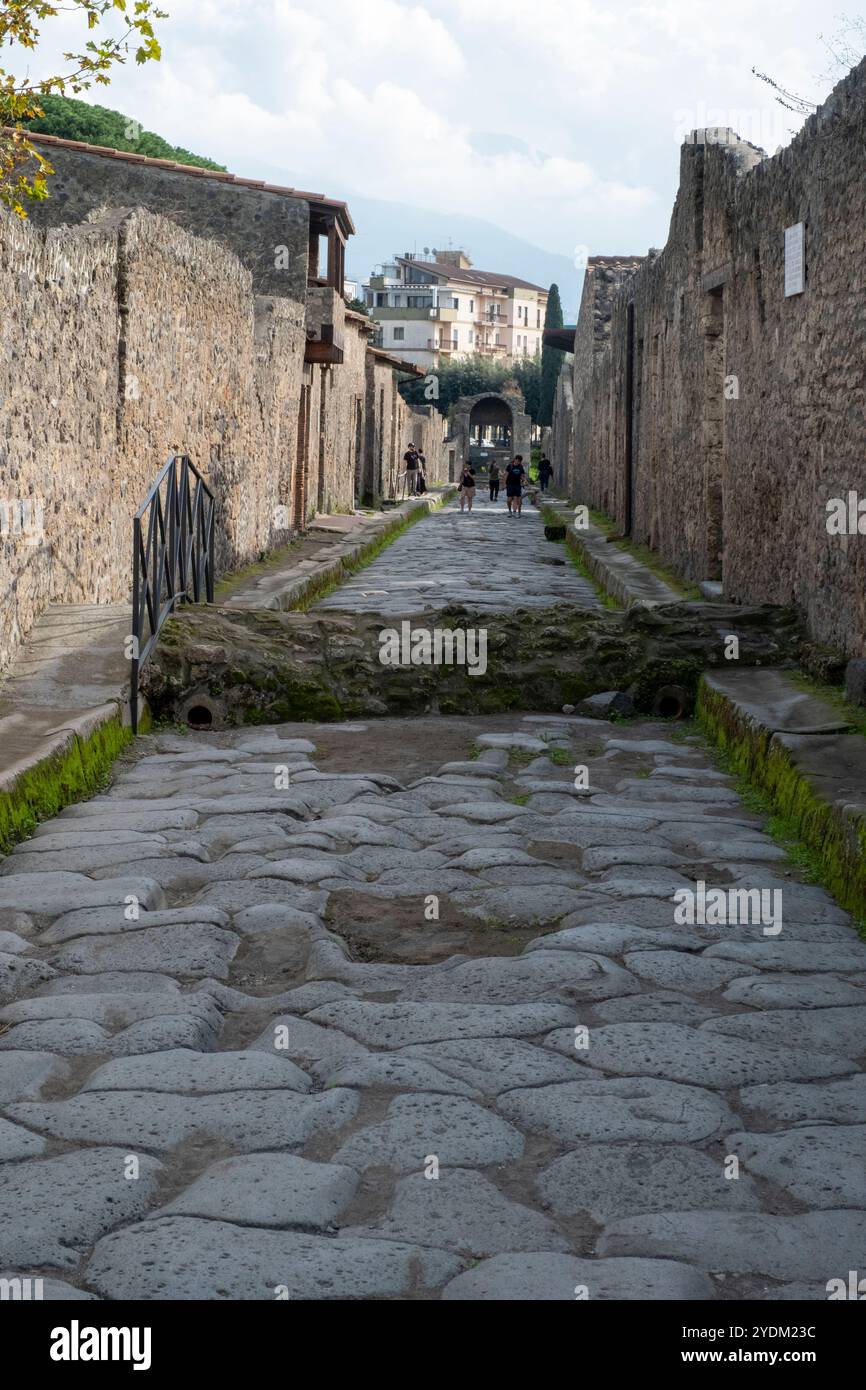 Strada lastricata in pietra nel Parco Archeologico di Pompei, Napoli, Italia. Foto Stock