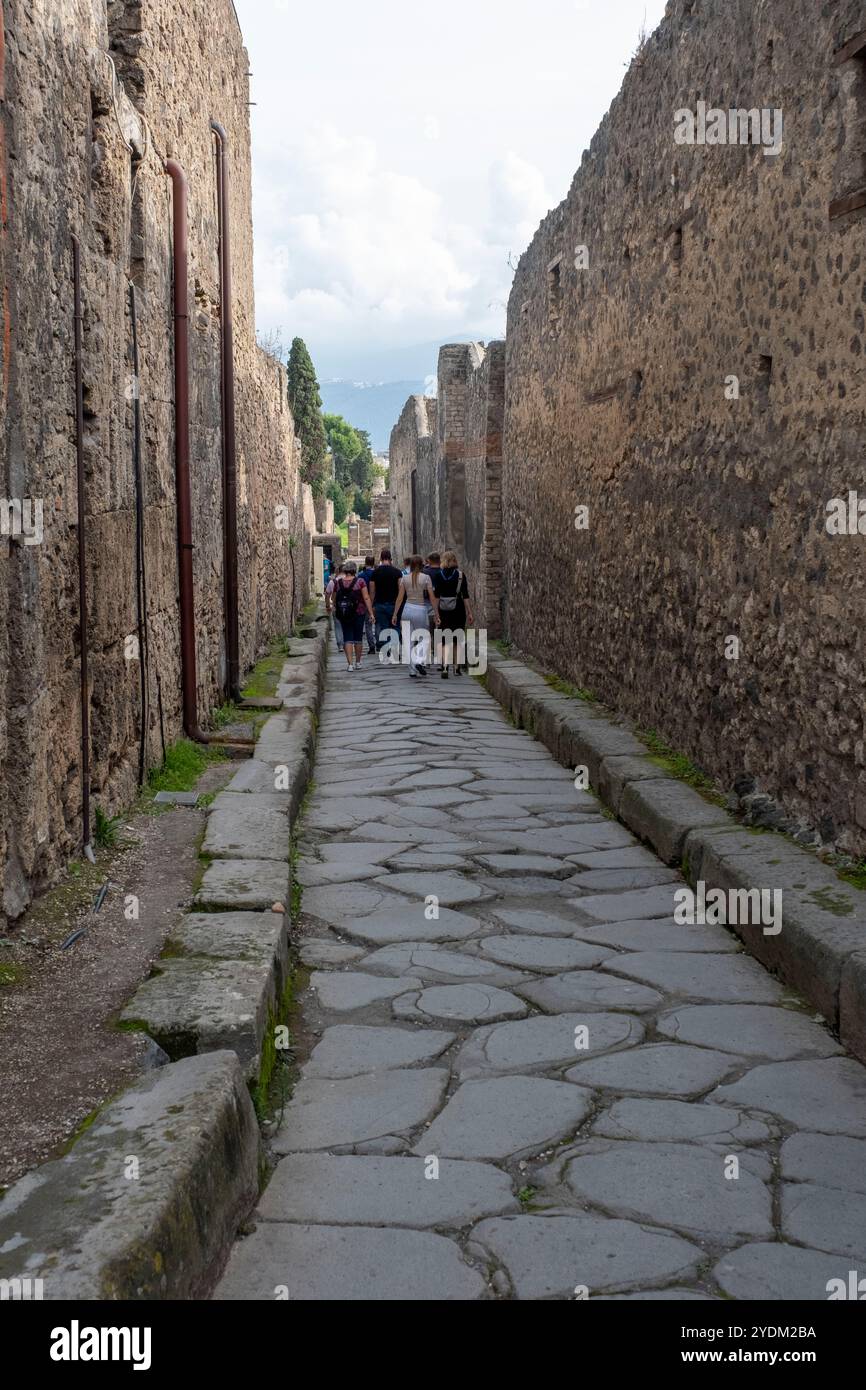 Stretta strada lastricata in pietra nel Parco Archeologico di Pompei, Napoli, Italia. Foto Stock