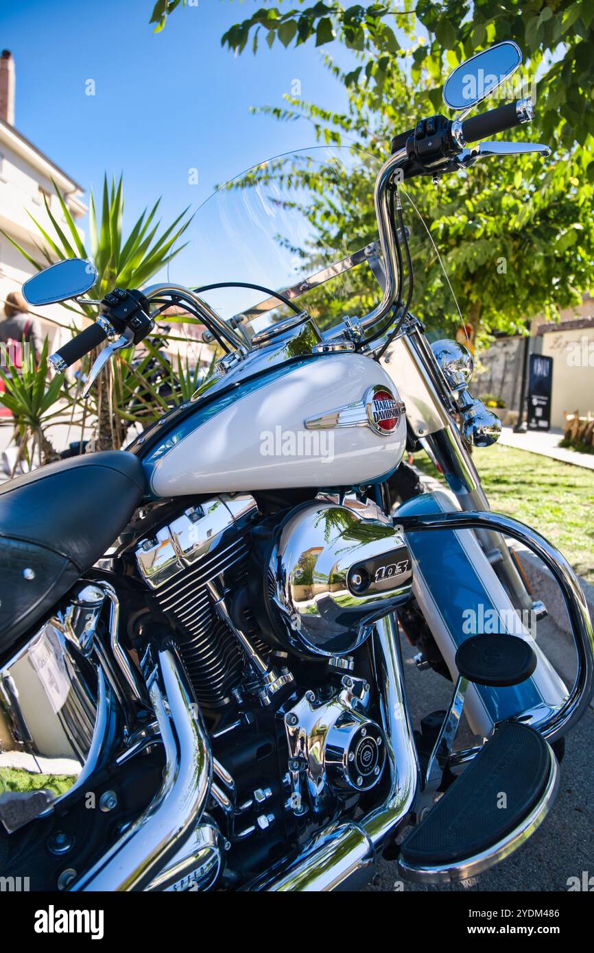 Shiny ha parcheggiato Harley Davidson in una giornata luminosa Foto Stock